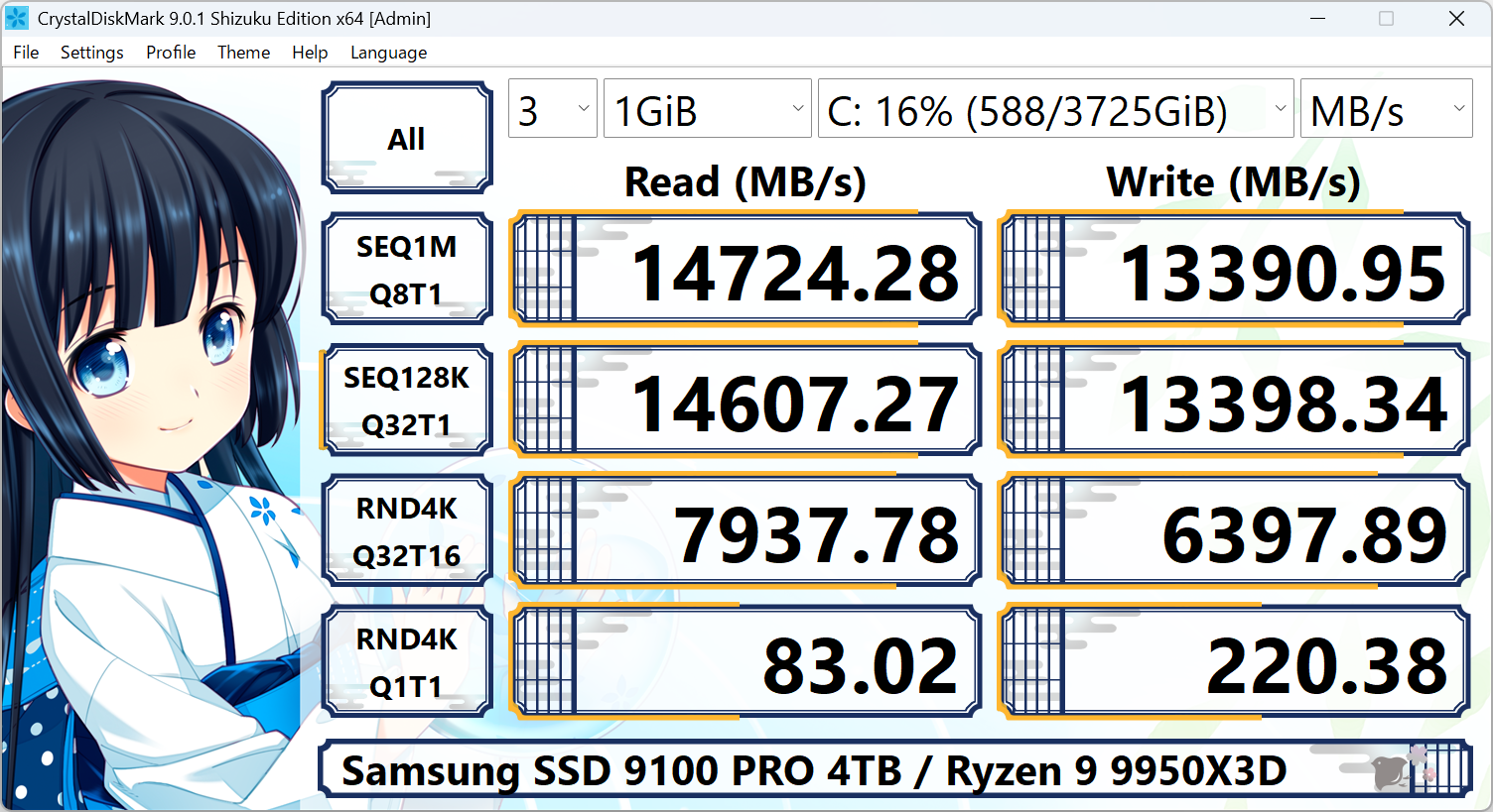 CrystalDiskMark Shizuku-themed benchmark window with illustrated border