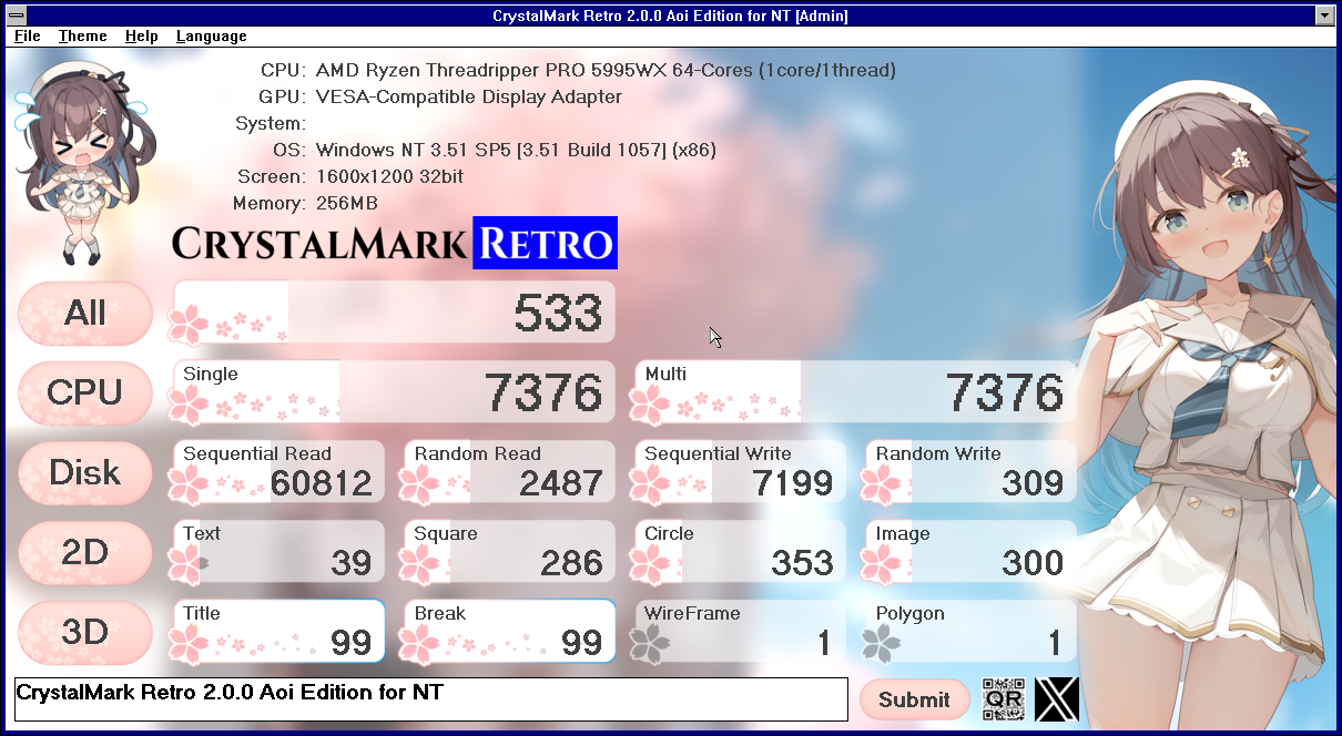 CrystalMark Retro Aoi-themed scoreboard with vibrant accents