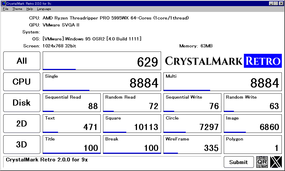 CrystalMark Retro default dashboard with GPU, CPU, and disk tiles